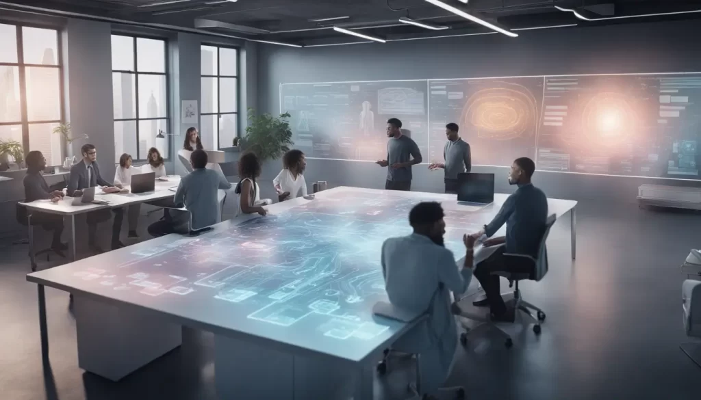Pessoas de diversas etnias colaborando em um escritório moderno com hologramas de fluxogramas, representando plataformas de programação Low Code.